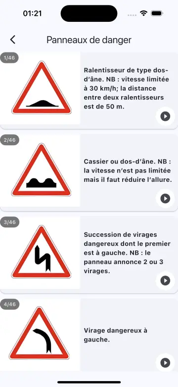 Panneaux de signalisation expliqués avec audio dans eCode
